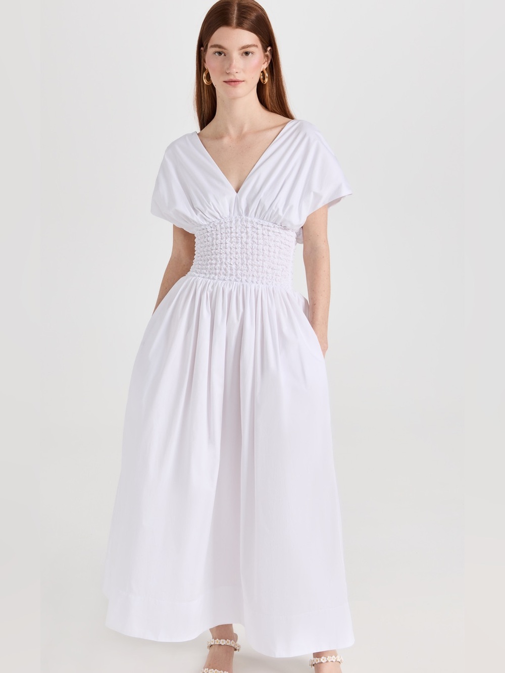 STAUD Smocked-Waist Dress- Burgundy